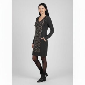 Esprit Womens Sweater Dress Wool Blend Argyle Gray Tan Angora Rabbit Hair Hood S